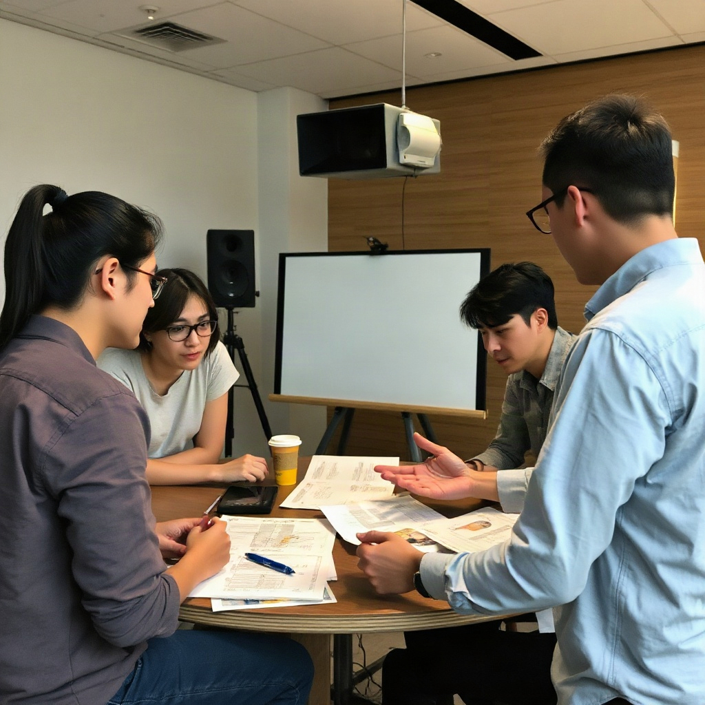 免费短剧网创作团队在剪辑机房讨论剧本分镜